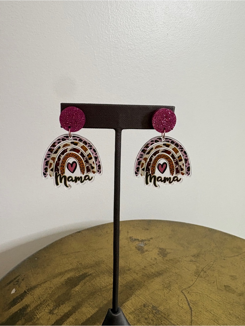 Mama Rainbow Drop Earrings in Pink and Leopard Print